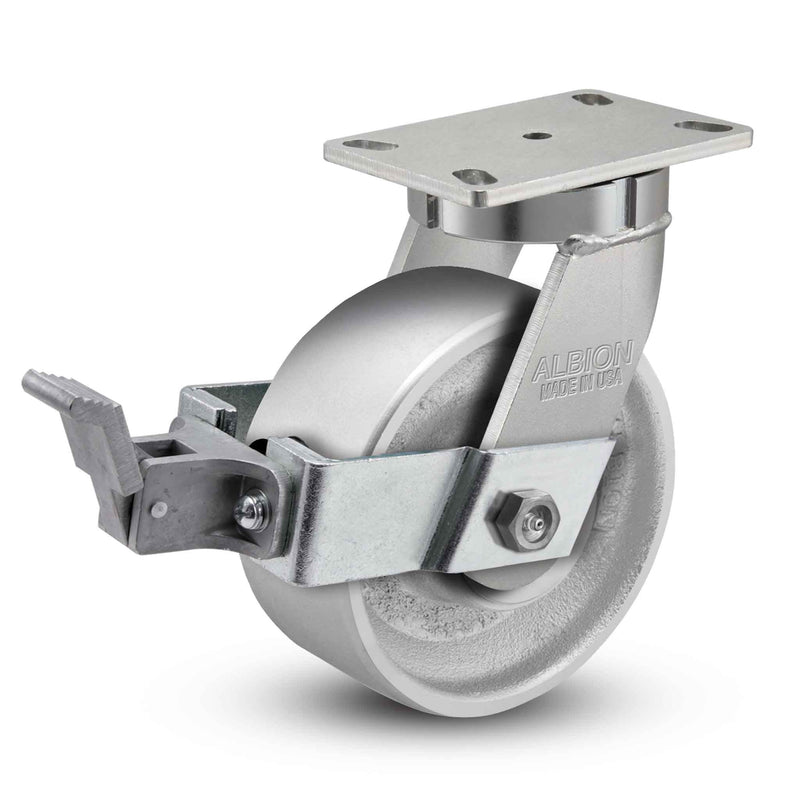 Main view of an Albion Casters 6" x 3" wide wheel Swivel caster with 6-1/4'' x 4-1/2'' top plate, with a top wheel lock brake, CA - Cast Iron wheel and 2800 lb. capacity part