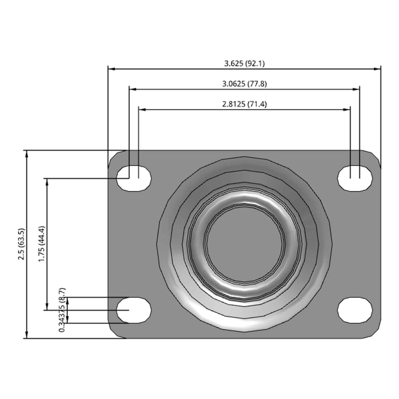 Side dimensioned CAD view of a MedCaster Casters 3" x 1.25" wide wheel Rigid caster with 2-1/2" x 3-5/8" top plate, without a brake, Thermoplastic Rubber wheel and 190 lb. capacity part