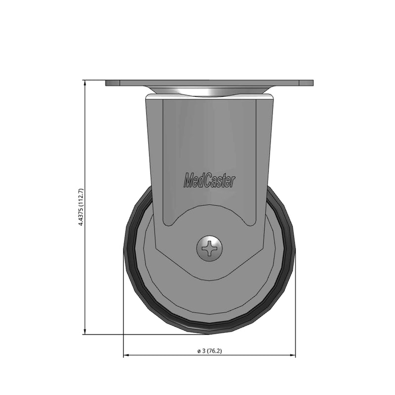 Front dimensioned CAD view of a MedCaster Casters 3" x 1.25" wide wheel Rigid caster with 2-1/2" x 3-5/8" top plate, without a brake, Thermoplastic Rubber wheel and 190 lb. capacity part