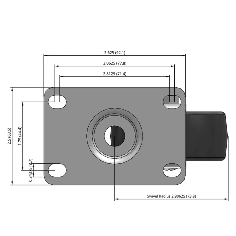 Side dimensioned CAD view of a MedCaster Casters 3" x 1.25" wide wheel Swivel caster with 2-1/2" x 3-5/8" top plate, without a brake, Thermoplastic Rubber wheel and 190 lb. capacity part
