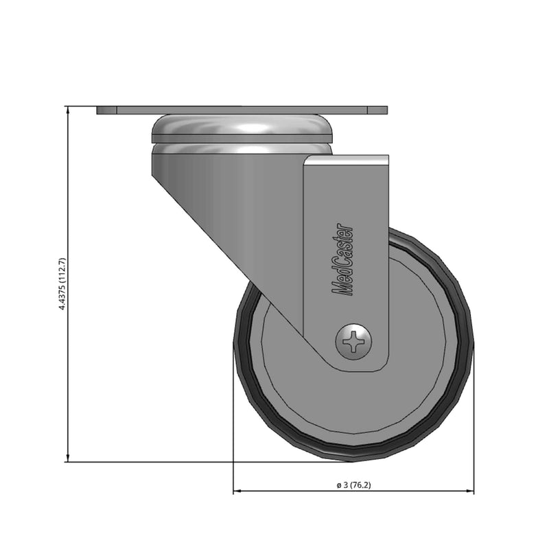 Front dimensioned CAD view of a MedCaster Casters 3" x 1.25" wide wheel Swivel caster with 2-1/2" x 3-5/8" top plate, without a brake, Thermoplastic Rubber wheel and 190 lb. capacity part