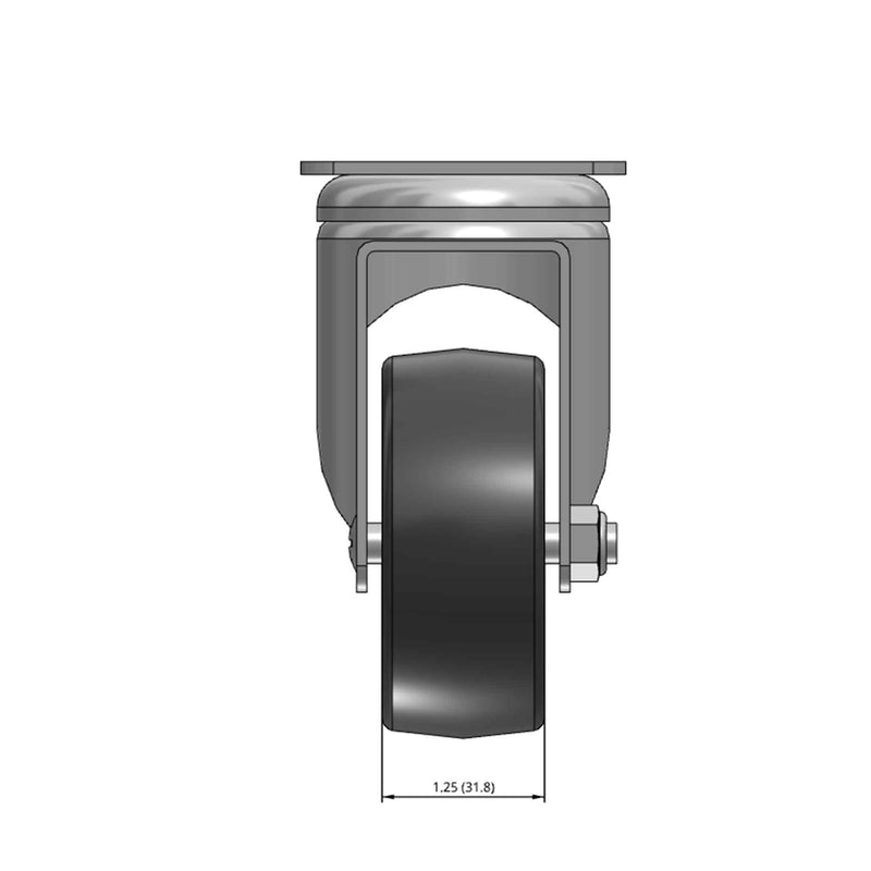 Top dimensioned CAD view of a MedCaster Casters 3" x 1.25" wide wheel Swivel caster with 2-1/2" x 3-5/8" top plate, without a brake, Thermoplastic Rubber wheel and 190 lb. capacity part