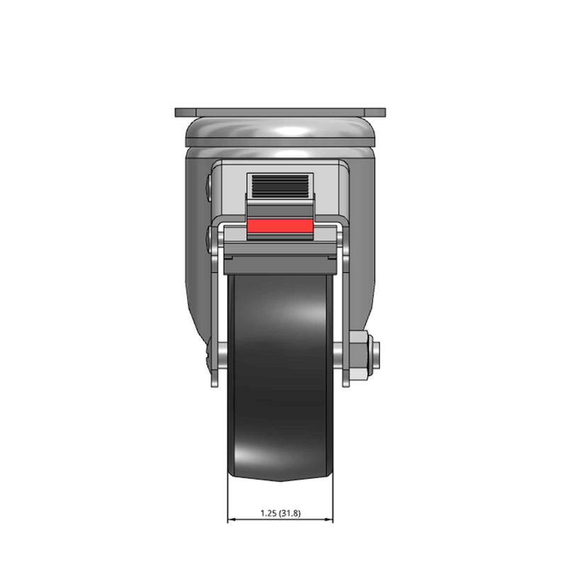 Top dimensioned CAD view of a MedCaster Casters 3" x 1.25" wide wheel Swivel caster with 2-1/2" x 3-5/8" top plate, with a top total locking brake, Thermoplastic Rubber wheel and 190 lb. capacity part