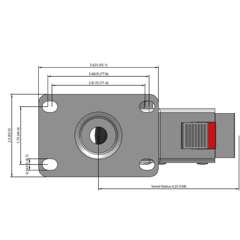 Side dimensioned CAD view of a MedCaster Casters 3" x 1.25" wide wheel Swivel caster with 2-1/2" x 3-5/8" top plate, with a top total locking brake, Thermoplastic Rubber wheel and 190 lb. capacity part