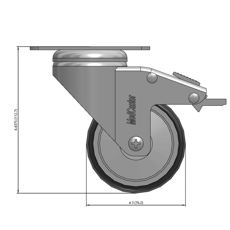 Front dimensioned CAD view of a MedCaster Casters 3" x 1.25" wide wheel Swivel caster with 2-1/2" x 3-5/8" top plate, with a top total locking brake, Thermoplastic Rubber wheel and 190 lb. capacity part