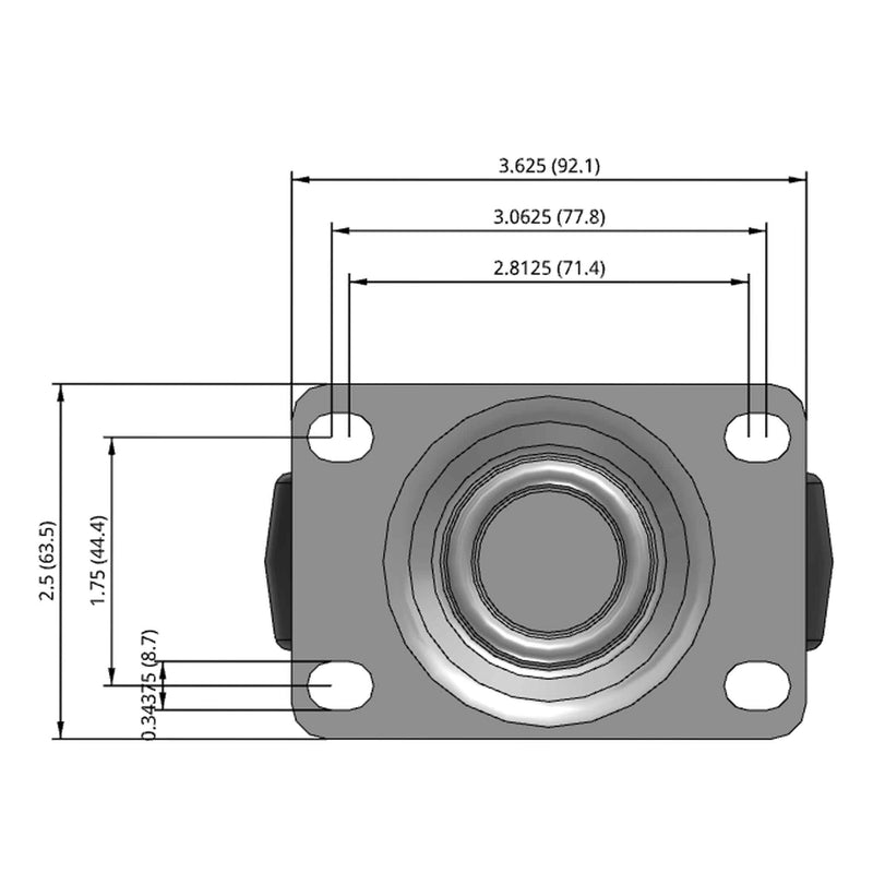 Side dimensioned CAD view of a MedCaster Casters 4" x 1.25" wide wheel Rigid caster with 2-1/2" x 3-5/8" top plate, without a brake, Thermoplastic Rubber wheel and 240 lb. capacity part