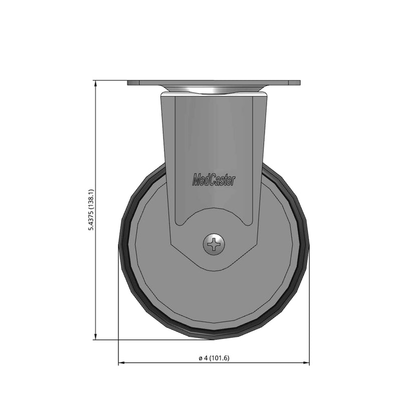 Front dimensioned CAD view of a MedCaster Casters 4" x 1.25" wide wheel Rigid caster with 2-1/2" x 3-5/8" top plate, without a brake, Thermoplastic Rubber wheel and 240 lb. capacity part