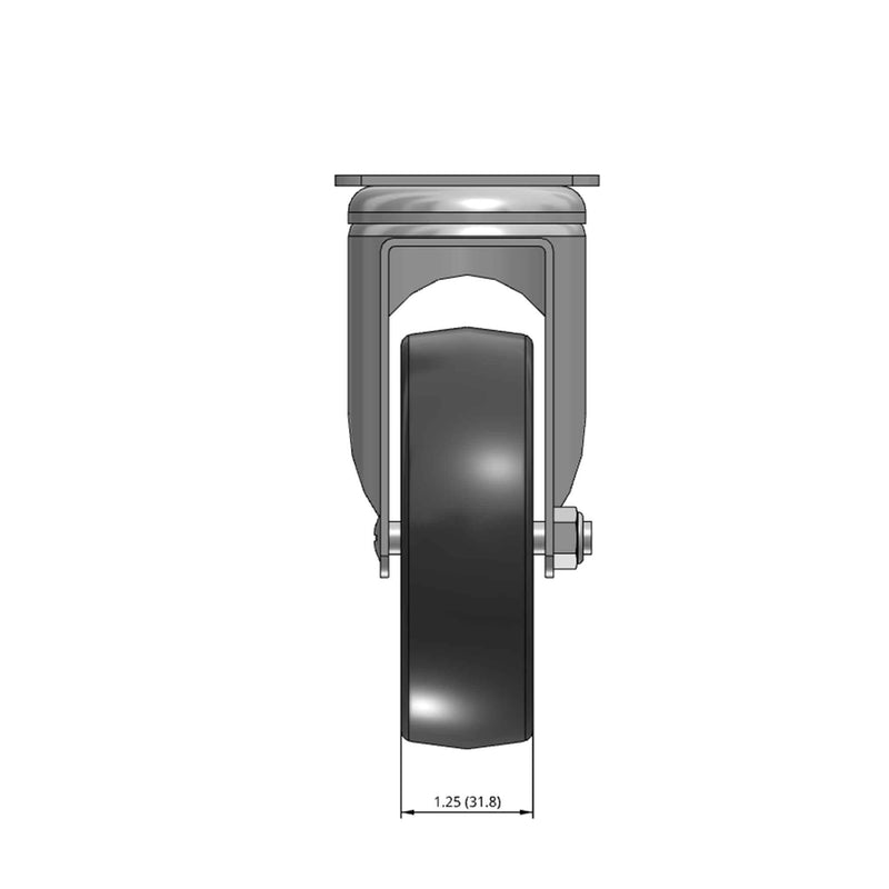 Top dimensioned CAD view of a MedCaster Casters 4" x 1.25" wide wheel Swivel caster with 2-1/2" x 3-5/8" top plate, without a brake, Thermoplastic Rubber wheel and 240 lb. capacity part