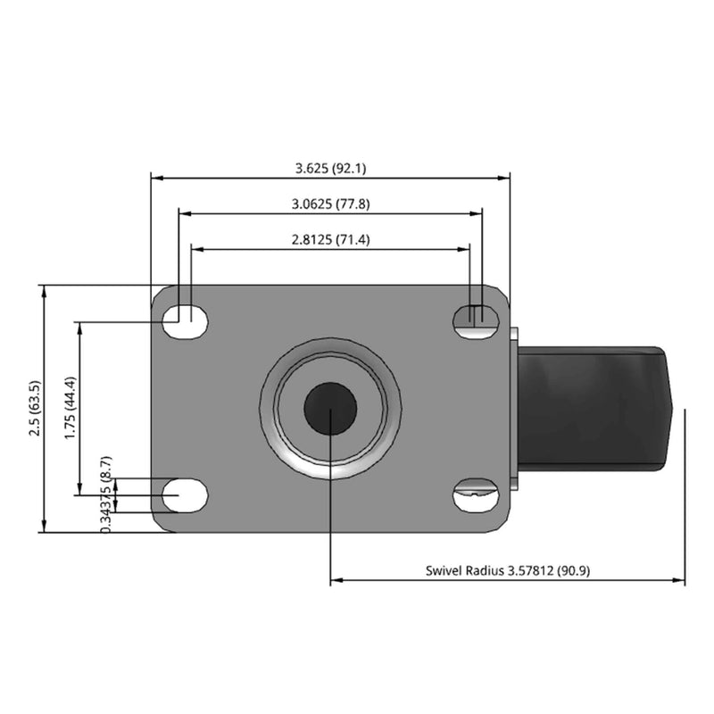 Side dimensioned CAD view of a MedCaster Casters 4" x 1.25" wide wheel Swivel caster with 2-1/2" x 3-5/8" top plate, without a brake, Thermoplastic Rubber wheel and 240 lb. capacity part