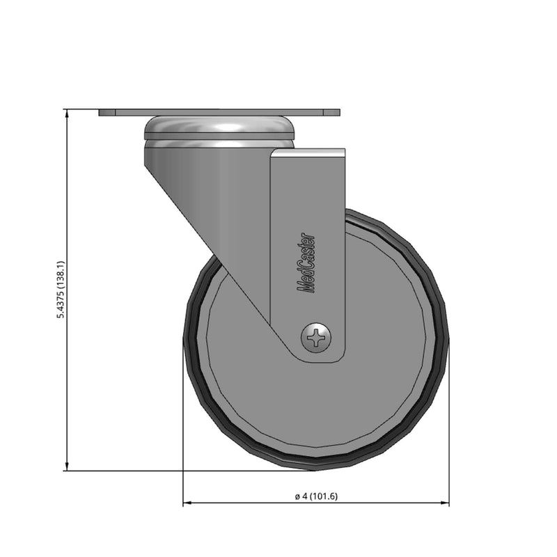 Front dimensioned CAD view of a MedCaster Casters 4" x 1.25" wide wheel Swivel caster with 2-1/2" x 3-5/8" top plate, without a brake, Thermoplastic Rubber wheel and 240 lb. capacity part
