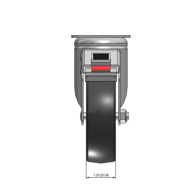 Side dimensioned CAD view of a MedCaster Casters 4" x 1.25" wide wheel Swivel caster with 2-1/2" x 3-5/8" top plate, with a top total locking brake, Thermoplastic Rubber wheel and 240 lb. capacity part