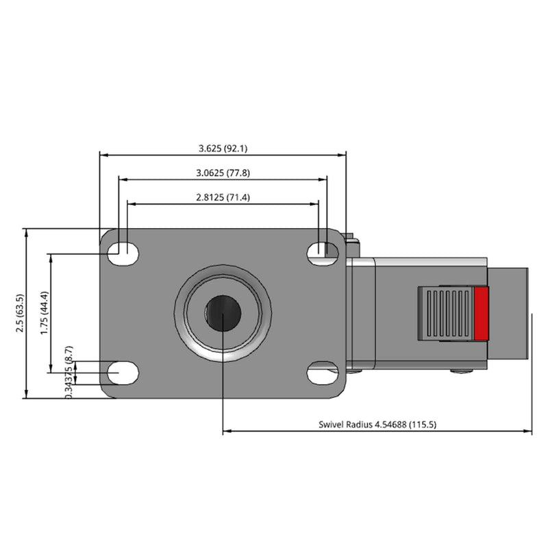 Top dimensioned CAD view of a MedCaster Casters 4" x 1.25" wide wheel Swivel caster with 2-1/2" x 3-5/8" top plate, with a top total locking brake, Thermoplastic Rubber wheel and 240 lb. capacity part