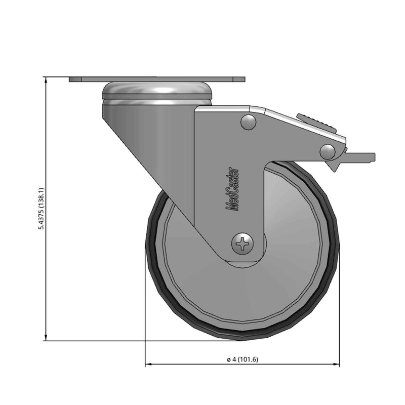 Front dimensioned CAD view of a MedCaster Casters 4" x 1.25" wide wheel Swivel caster with 2-1/2" x 3-5/8" top plate, with a top total locking brake, Thermoplastic Rubber wheel and 240 lb. capacity part