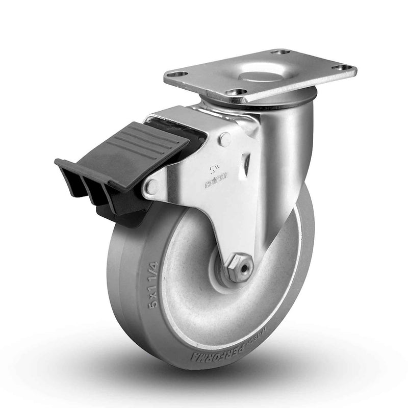 Main view of a Colson Casters 4" x 1.25" wide wheel Swivel caster with 2-1/2" x 3-5/8" top plate, with a top total locking brake, Performa wheel and 300 lb. capacity part