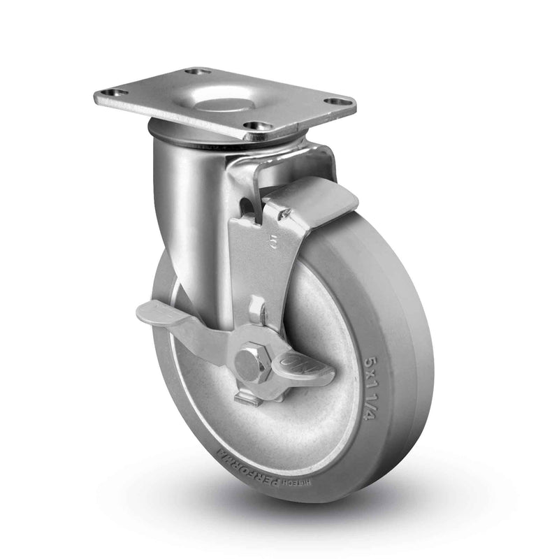 Main view of a Colson Casters 5" x 1.25" wide wheel Swivel caster with 2-1/2" x 3-5/8" top plate, with a side locking brake, Performa wheel and 325 lb. capacity part