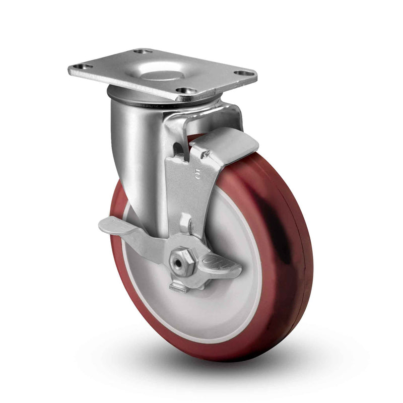 Main view of a Colson Casters 5" x 1.25" wide wheel Swivel caster with 2-1/2" x 3-5/8" top plate, with a side locking brake, HI-TECH Polyurethane wheel and 300 lb. capacity part
