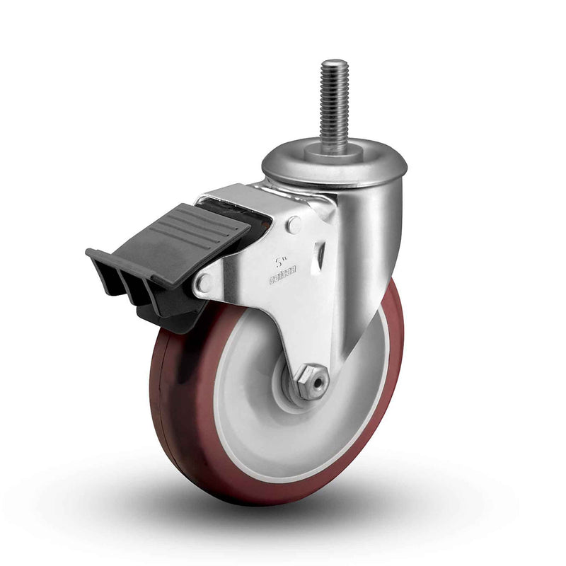 Main view of a Colson Casters 5" x 1.25" wide wheel Swivel caster with 1/2"-13 x 1-1/2" stud, with a top total locking brake, HI-TECH Polyurethane wheel and 300 lb. capacity part