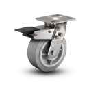 Stainless 4"x2" Performa Rubber (Flat/Grey) Roller Bearing Caster with Total Lock and 4"x4.5" Plate