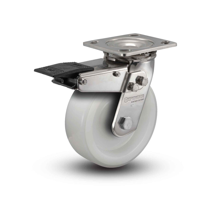 Stainless 4"x2" White Nylon Precision Ball Bearing Caster with Total Lock and 4"x4.5" Plate
