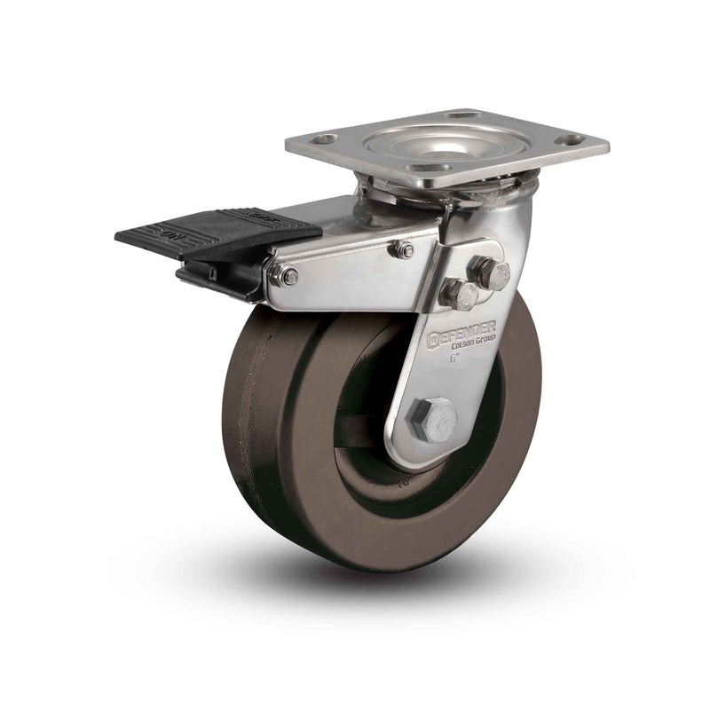 Stainless 5"x2" Hi-Temp Phenolic Precision Ball Bearing Caster with Total Lock and 4"x4.5" Plate