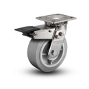 Stainless 5"x2" Performa Rubber (Flat/Grey) Precision Ball Bearing Caster with Total Lock and 4"x4.5" Plate