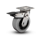 Stainless 5"x2" Performa Rubber (Flat/Conductive) Precision Ball Bearing Caster with Total Lock and 4"x4.5" Plate