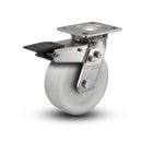 Stainless 5"x2" White Nylon Precision Ball Bearing Caster with Total Lock and 4"x4.5" Plate