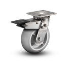 Stainless 5"x2" Performa Rubber (Round) Roller Bearing Caster with Total Lock and 4"x4.5" Plate