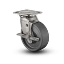 Stainless 5"x2" Solid Elastomer Roller Bearing Side-Lock Caster with 4"x4.5" Plate