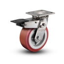 Stainless 5"x2" HI-TECH Polyurethane Precision Ball Bearing Caster with Total Lock and 4"x4.5" Plate