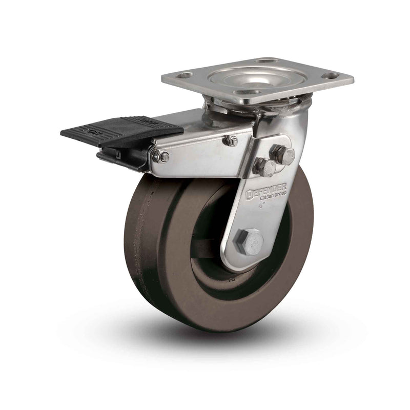 Stainless 6"x2" Hi-Temp Phenolic Roller Bearing Caster with Total Lock and 4"x4.5" Plate