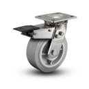Stainless 6"x2" Performa Rubber (Flat/Grey) Precision Ball Bearing Caster with Total Lock and 4"x4.5" Plate
