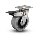 Stainless 6"x2" Performa Rubber (Flat/Conductive) Precision Ball Bearing Caster with Total Lock and 4"x4.5" Plate