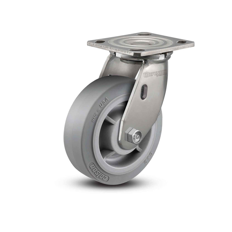 Stainless 6"x2" Performa Rubber (Flat/Grey) Precision Ball Bearing Caster with 4"x4.5" Plate