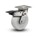 Stainless 6"x2" White Nylon Precision Ball Bearing Caster with Total Lock and 4"x4.5" Plate
