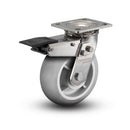 Stainless 6"x2" Performa Rubber (Round) Delrin Bearing Caster with Total Lock and 4"x4.5" Plate