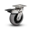 Stainless 6"x2" Performa Rubber (Round/Conductive) Precision Ball Bearing Caster with Total Lock and 4"x4.5" Plate