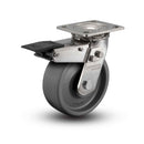 Stainless 6"x2" Solid Elastomer Precision Ball Bearing Caster with Total Lock and 4"x4.5" Plate