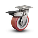 Stainless 6"x2" HI-TECH Polyurethane Delrin Bearing Caster with Total Lock and 4"x4.5" Plate