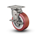 Stainless 6"x2" HI-TECH Polyurethane Precision Ball Bearing Side-Lock Caster with 4"x4.5" Plate