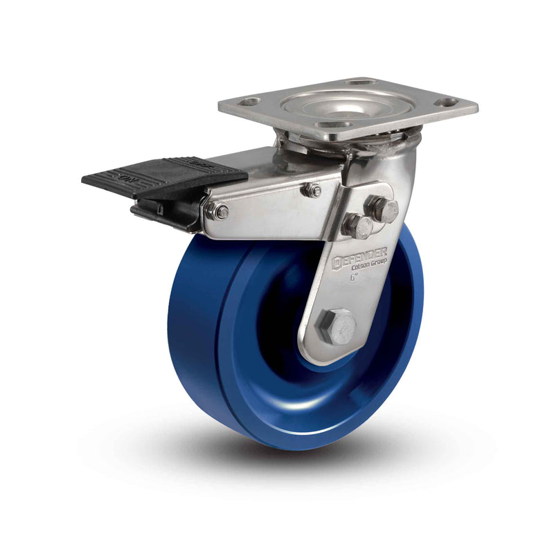 Stainless 6"x2" K Solid Polyurethane Delrin Bearing Caster with Total Lock and 4"x4.5" Plate
