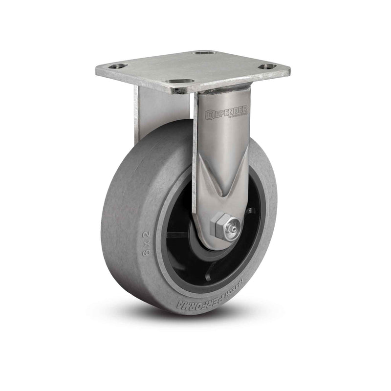 Stainless 8"x2" Performa Rubber (Flat/Conductive) Precision Ball Bearing Rigid Caster with 4"x4.5" Plate
