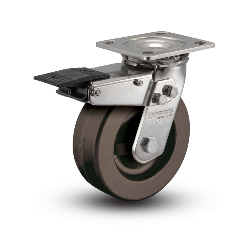 Stainless 8"x2" Hi-Temp Phenolic Precision Ball Bearing Caster with Total Lock and 4"x4.5" Plate