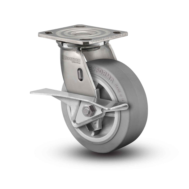 Stainless 8"x2" Performa Rubber (Flat/Grey) Roller Bearing CAM-Brake Caster with 4"x4.5" Plate