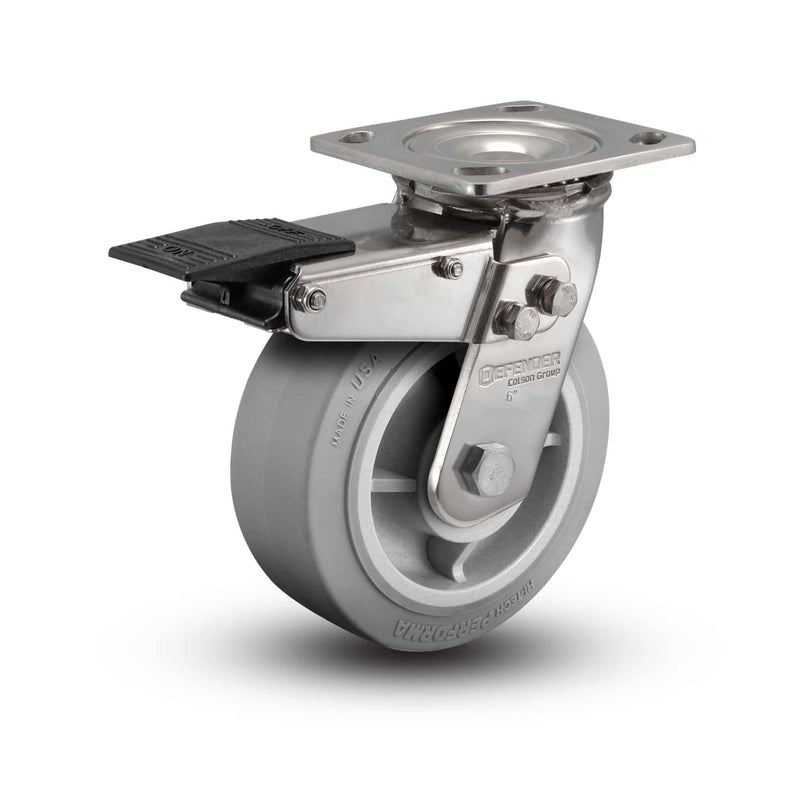 Stainless 8"x2" Performa Rubber (Flat/Grey) Roller Bearing Caster with Total Lock and 4"x4.5" Plate