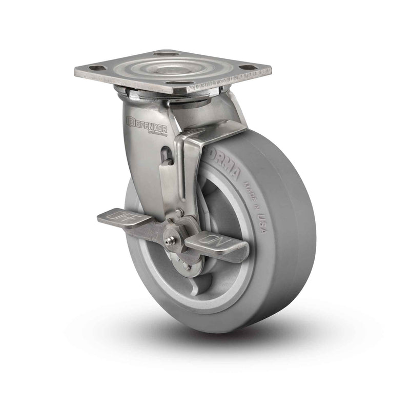 Stainless 8"x2" Performa Rubber (Flat/Grey) Precision Ball Bearing Side-Lock Caster with 4"x4.5" Plate