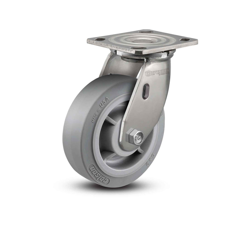 Stainless 8"x2" Performa Rubber (Flat/Grey) Delrin Bearing Caster with 4"x4.5" Plate