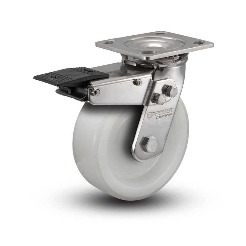 Stainless 8"x2" White Nylon Roller Bearing Caster with Total Lock and 4"x4.5" Plate