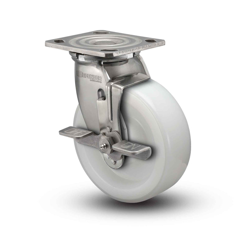 Stainless 8"x2" White Nylon Precision Ball Bearing Side-Lock Caster with 4"x4.5" Plate