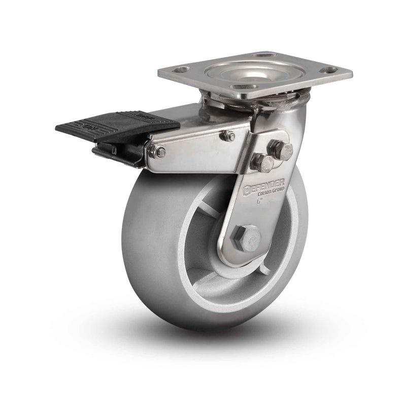 Stainless 8"x2" Performa Rubber (Round) Precision Ball Bearing Caster with Total Lock and 4"x4.5" Plate